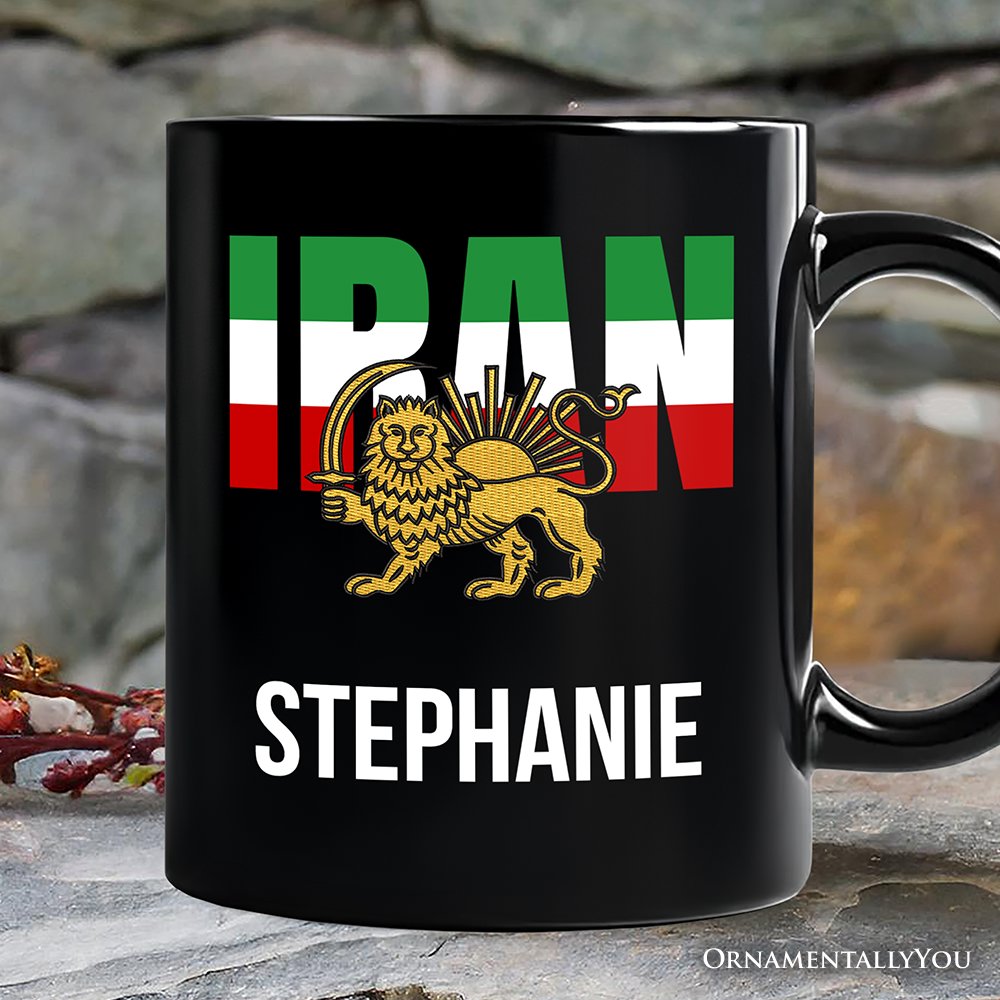 Iran Lion and Sun Flag Personalized Mug, Protest Persian Shir-o-Khorshid Heritage Pride Gift with Custom Name OrnamentallyYou Black Customized 