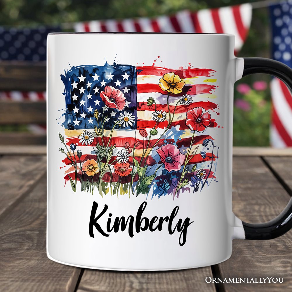 American Flag Floral Wildflower Personalized Mug, Patriotic Boho USA 4th of July Gift with Custom Name Personalized Ceramic Mug OrnamentallyYou Black Handle Customized 
