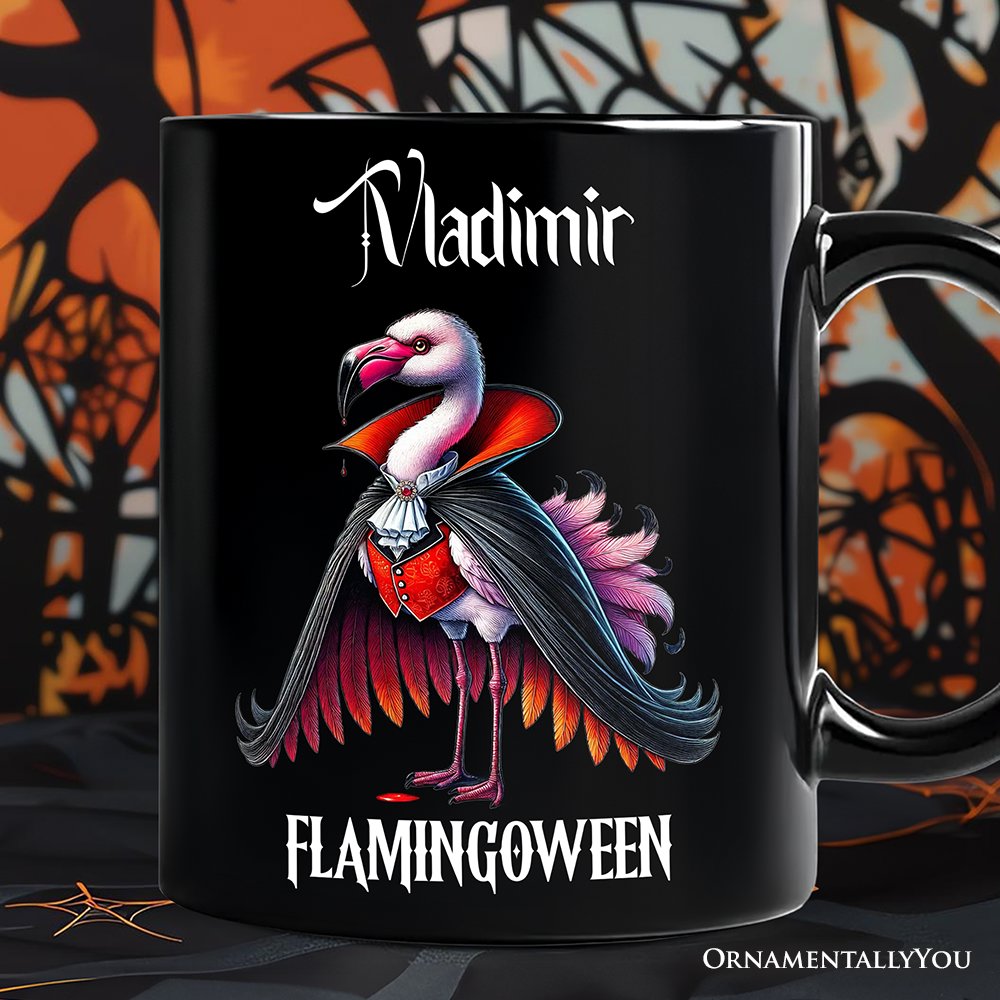 Spooky Vampire Flamingo Personalized Mug, Halloween Dracula Bird Gift with Custom Name Personalized Ceramic Mug OrnamentallyYou Black Customized 