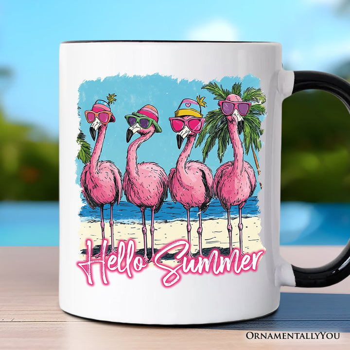 Flamingo Hello Summer Mug, Tropical Beach Vacation Gift Personalized Ceramic Mug OrnamentallyYou Black Handle Non-Custom 