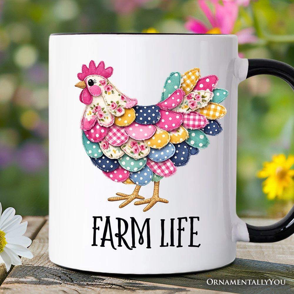 Floral Chicken Printed Faux Patchwork Mug, Coquette Hen Farm Life Gift Personalized Ceramic Mug OrnamentallyYou Black Handle Non-Custom 