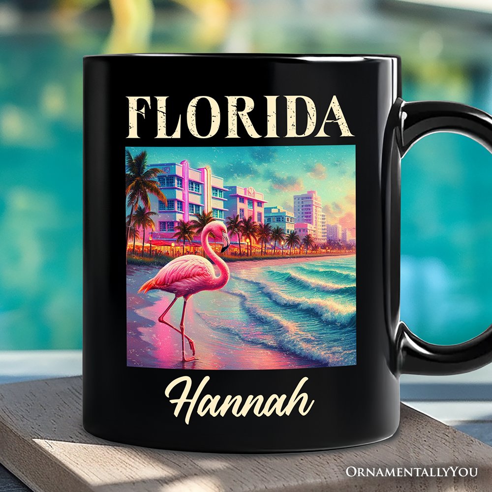 Vibrant Florida State Flamingo Personalized Mug, Miami Beach Souvenir and Coastal Gift with Custom Name Personalized Ceramic Mug OrnamentallyYou Black Customized 