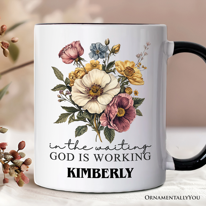 In the Waiting God Is Working Floral Christian Personalized Mug, Vintage Wildflower Faith Gift with Custom Name