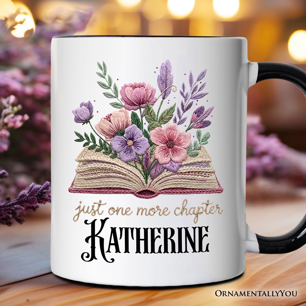 Floral Book Printed Faux Yarn Crochet Personalized Mug, Just One More Chapter Bookworm Gift with Custom Name Personalized Ceramic Mug OrnamentallyYou Black Handle Customized 