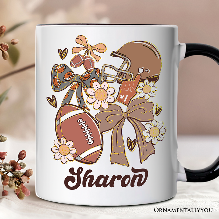 Football Mom Coquette Bow Daisy Personalized Mug, Retro Fall Game Day Preppy Gift with Custom Name