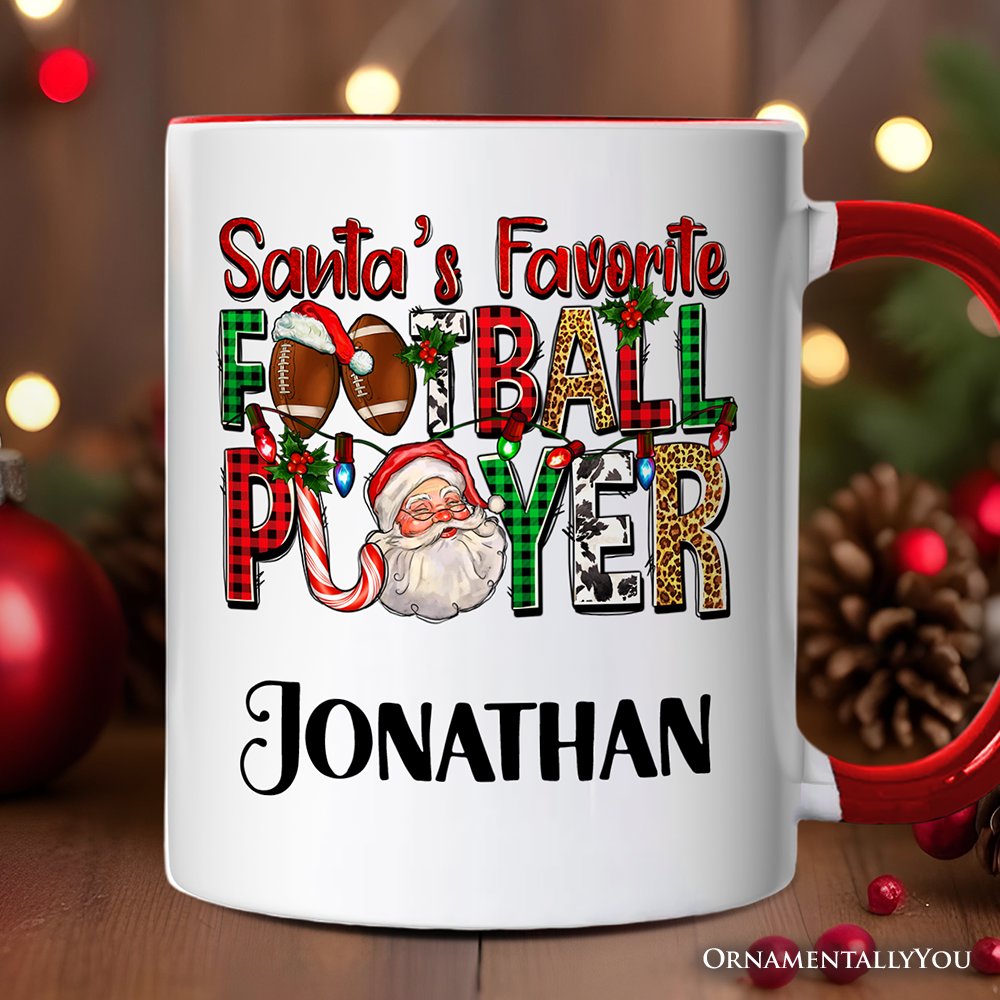 Santa’s Favorite Football Player Personalized Mug, Plaid Christmas Athelete Gift with Custom Name Personalized Ceramic Mug OrnamentallyYou White - Red Customized 