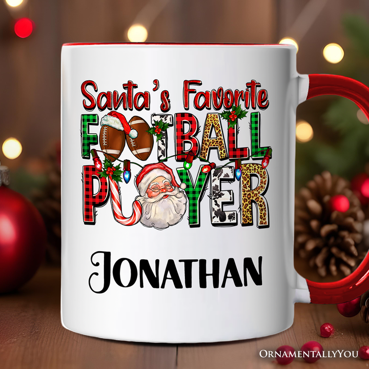 Santa’s Favorite Football Player Personalized Mug, Plaid Christmas Athelete Gift with Custom Name