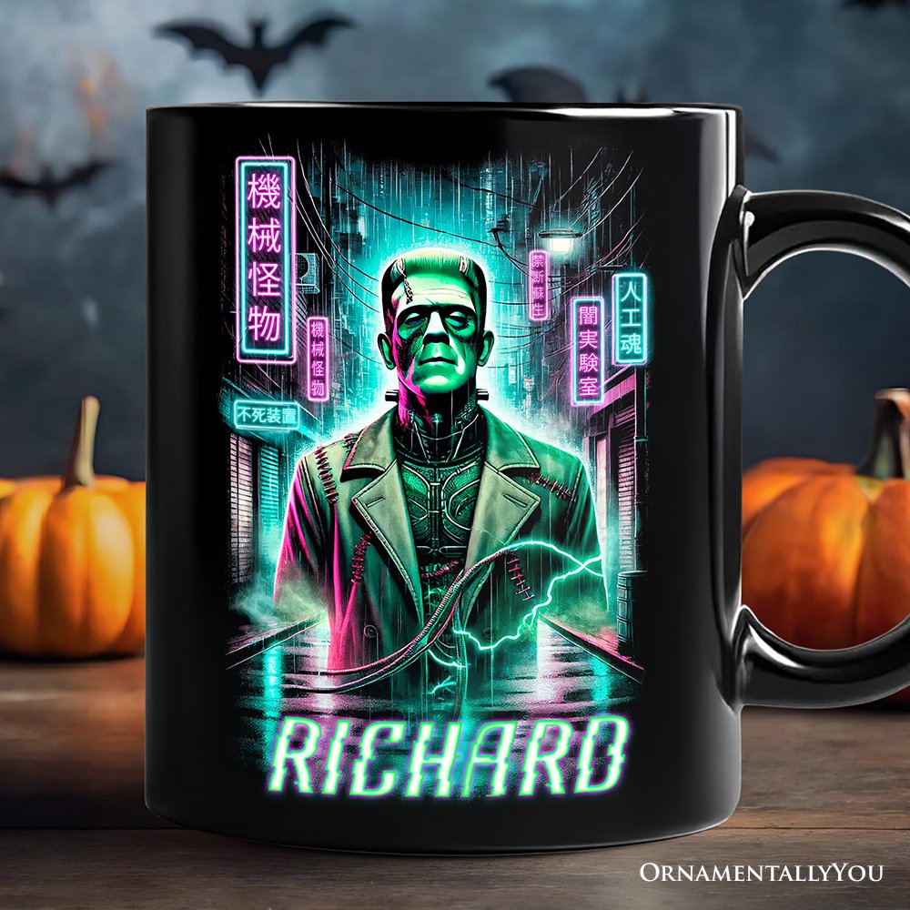 Cyberpunk Frankenstein Personalized Mug, Neon Halloween Monster Gift with Custom Name Personalized Ceramic Mug OrnamentallyYou Black Customized 