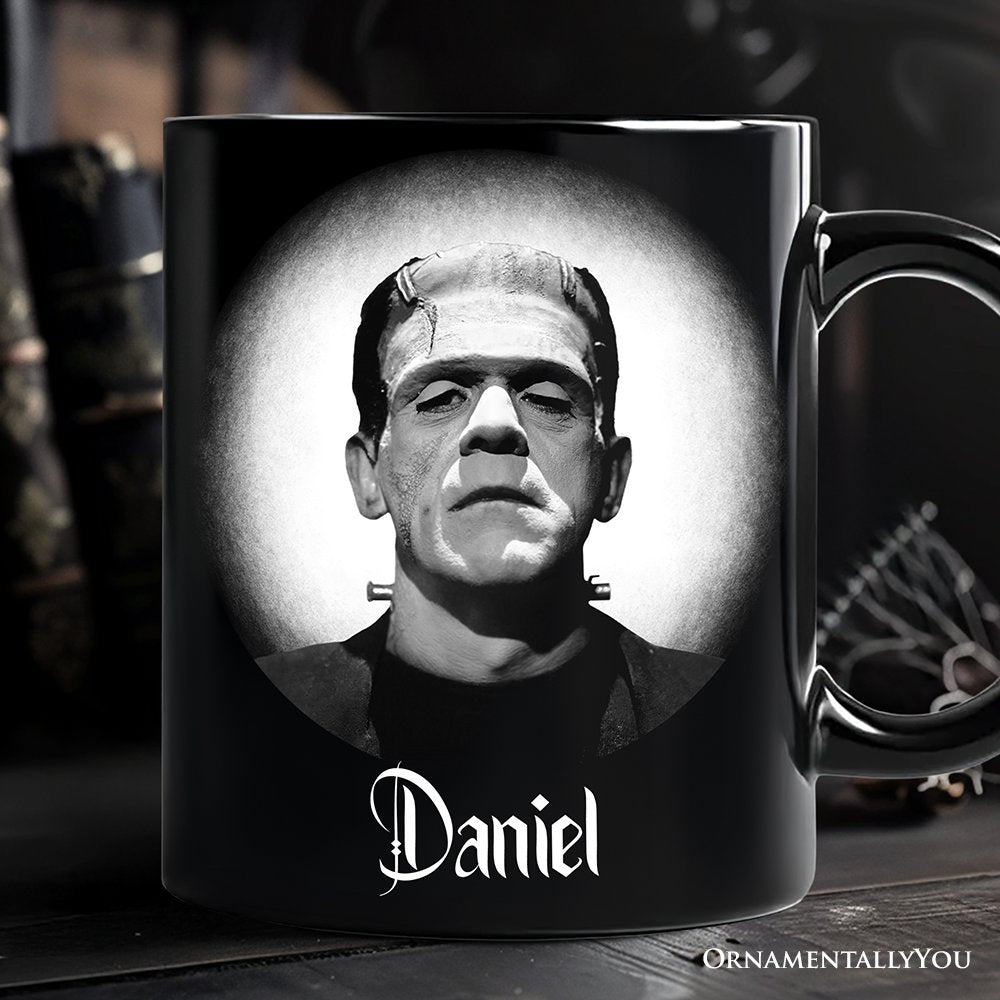 Frankenstein Spooky Portrait Personalized Mug Horror Villain Theme Halloween Gift with Custom Name Personalized Ceramic Mug OrnamentallyYou Black Customized 