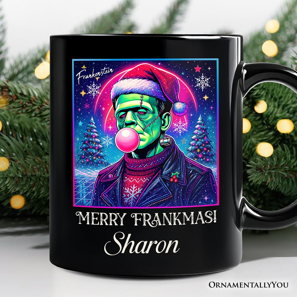 Frankenstein Christmas Vaporwave Personalized Mug, Retro Neon Holiday Gift with Custom Name Personalized Ceramic Mug OrnamentallyYou Black Customized 