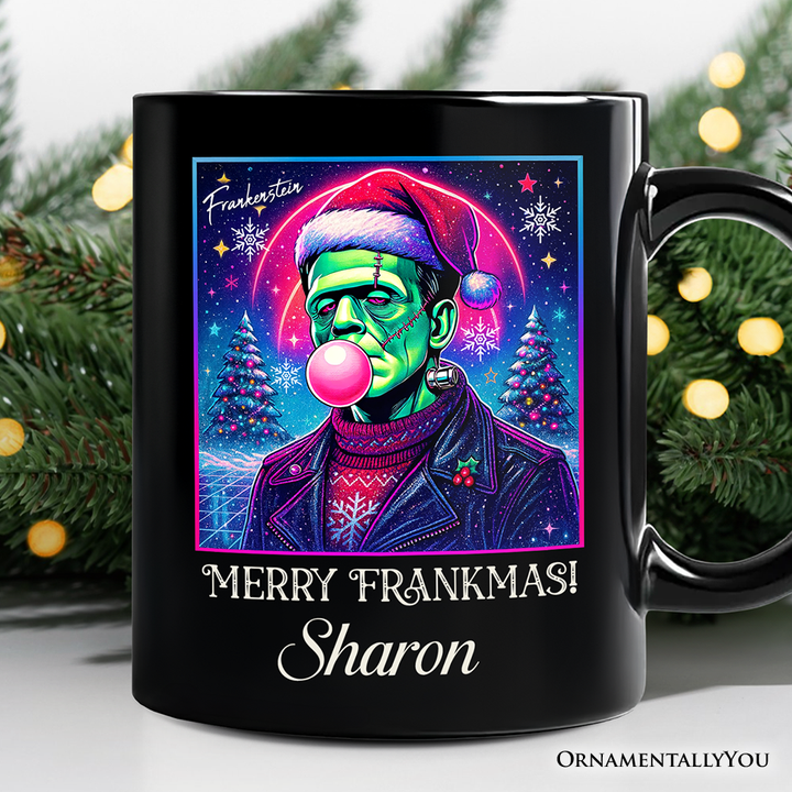 Frankenstein Christmas Vaporwave Personalized Mug, Retro Neon Holiday Gift with Custom Name
