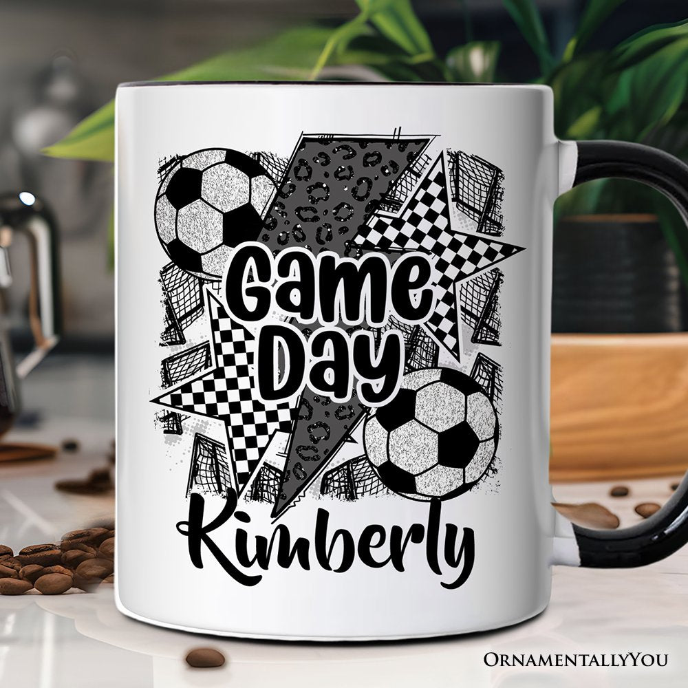 Soccer Game Day Personalized Mug, Coquette Sports Mom Fan Gift with Custom Name Personalized Ceramic Mug OrnamentallyYou Black Handle Customized 