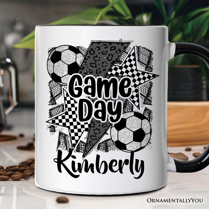 Soccer Game Day Personalized Mug, Coquette Sports Mom Fan Gift with Custom Name Personalized Ceramic Mug OrnamentallyYou Black Handle Customized 