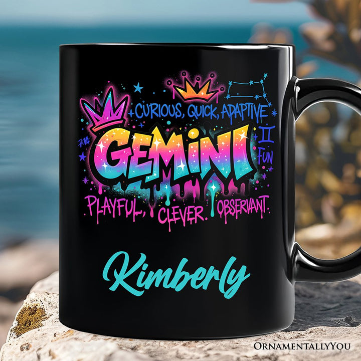 Gemini Graffiti Zodiac Personalized Mug, Street Style Astrology Horoscope Gift with Custom Name Personalized Ceramic Mug OrnamentallyYou Black Customized 