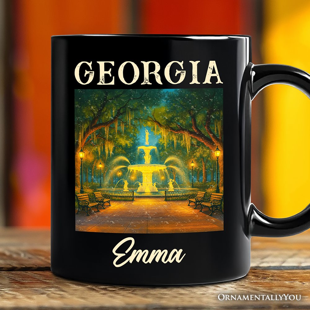 Charming Georgia State Forsyth Park Personalized Mug, Savannah Landmark Gift and Southern Travel Souvenir with Custom Name Personalized Ceramic Mug OrnamentallyYou Black Customized 