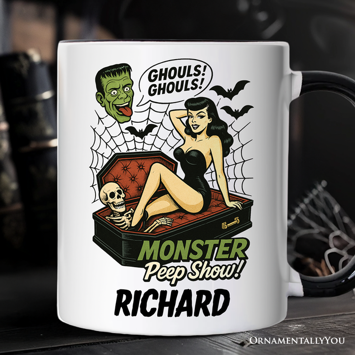 Monster Peep Show Pin-Up Personalized Mug, Retro Horror Halloween Gift with Custom Name
