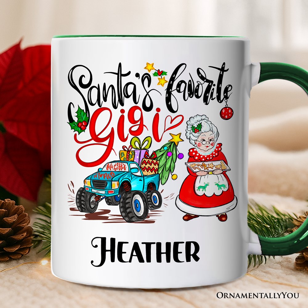 Santa’s Favorite Gigi Christmas Personalized Mug, Grandma Appreciation Gift with Custom Name Personalized Ceramic Mug OrnamentallyYou White - Green Customized 