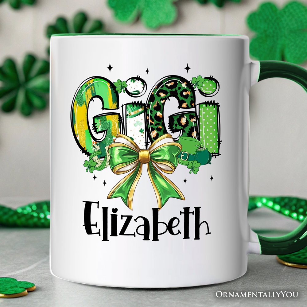 Coquette Gigi Bow St Patrick’s Day Personalized Mug, Green Lucky Shamrock Clover Gift with Custom Name Personalized Ceramic Mug OrnamentallyYou White - Green Customized 