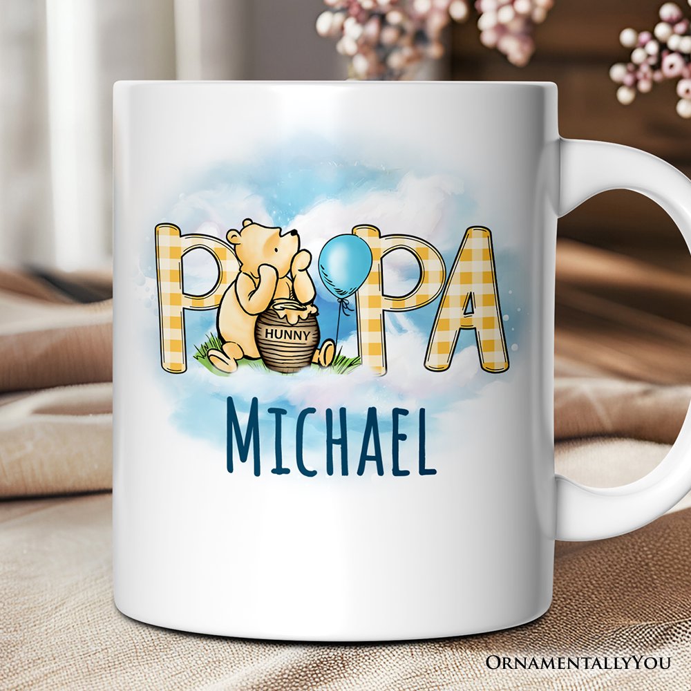 Gingham Papa Winnie-the-Pooh Personalized Mug, 1926 A.A. Milne Dad Family Gift with Custom Name Personalized Ceramic Mug OrnamentallyYou White Customized 