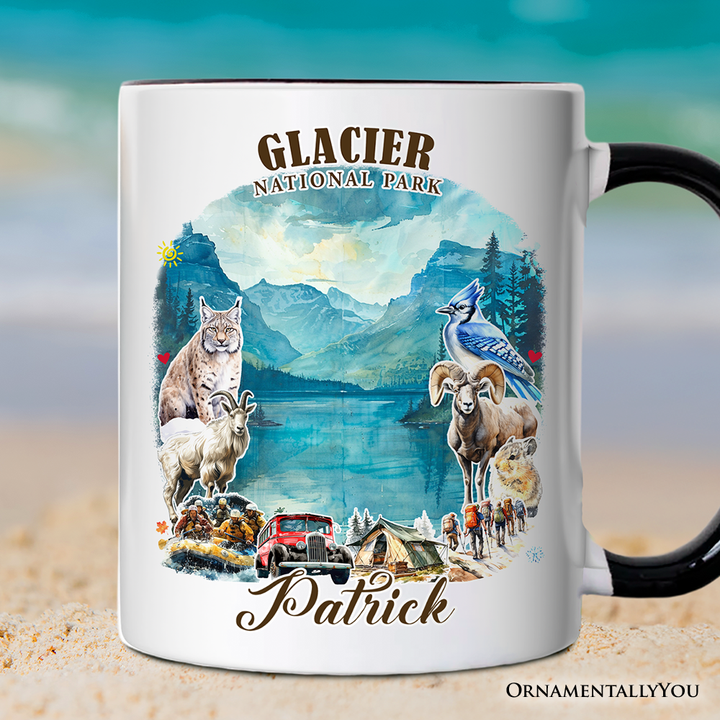 Artistic Glacier National Park Adventure Personalized Mug, Montana Travel Gift and Souvenir with Custom Name