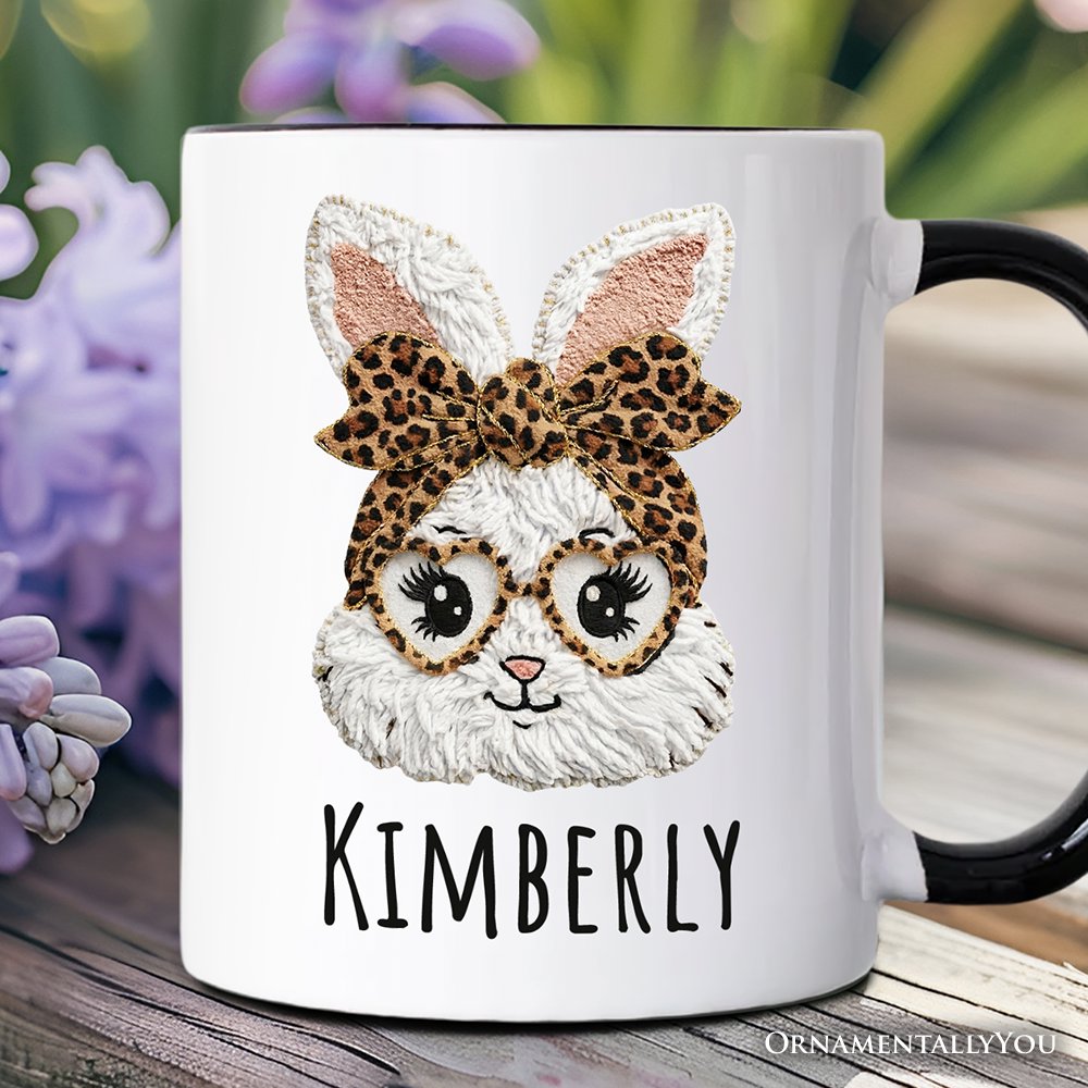 Easter Bunny Leopard Bow Personalized Mug, Coquette Printed Faux Embroidery Girly Spring Gift with Custom Name Personalized Ceramic Mug OrnamentallyYou Black Handle Customized 