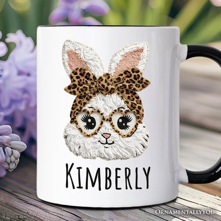 Easter Bunny Leopard Bow Personalized Mug, Coquette Printed Faux Embroidery Girly Spring Gift with Custom Name Personalized Ceramic Mug OrnamentallyYou Black Handle Customized 