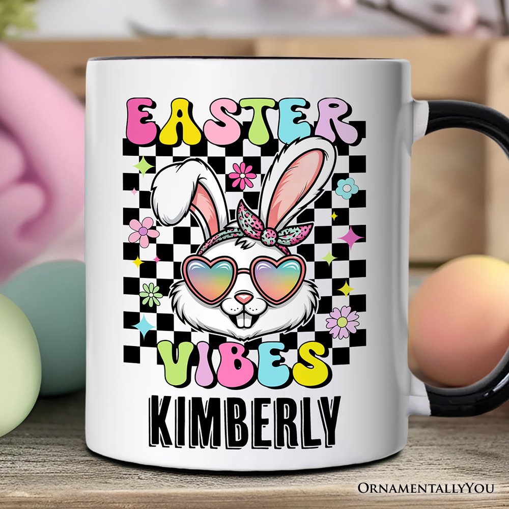 Retro Easter Bunny Sunglasses Personalized Mug, Groovy Checkered Gift with Custom Name Personalized Ceramic Mug OrnamentallyYou Black Handle Customized 