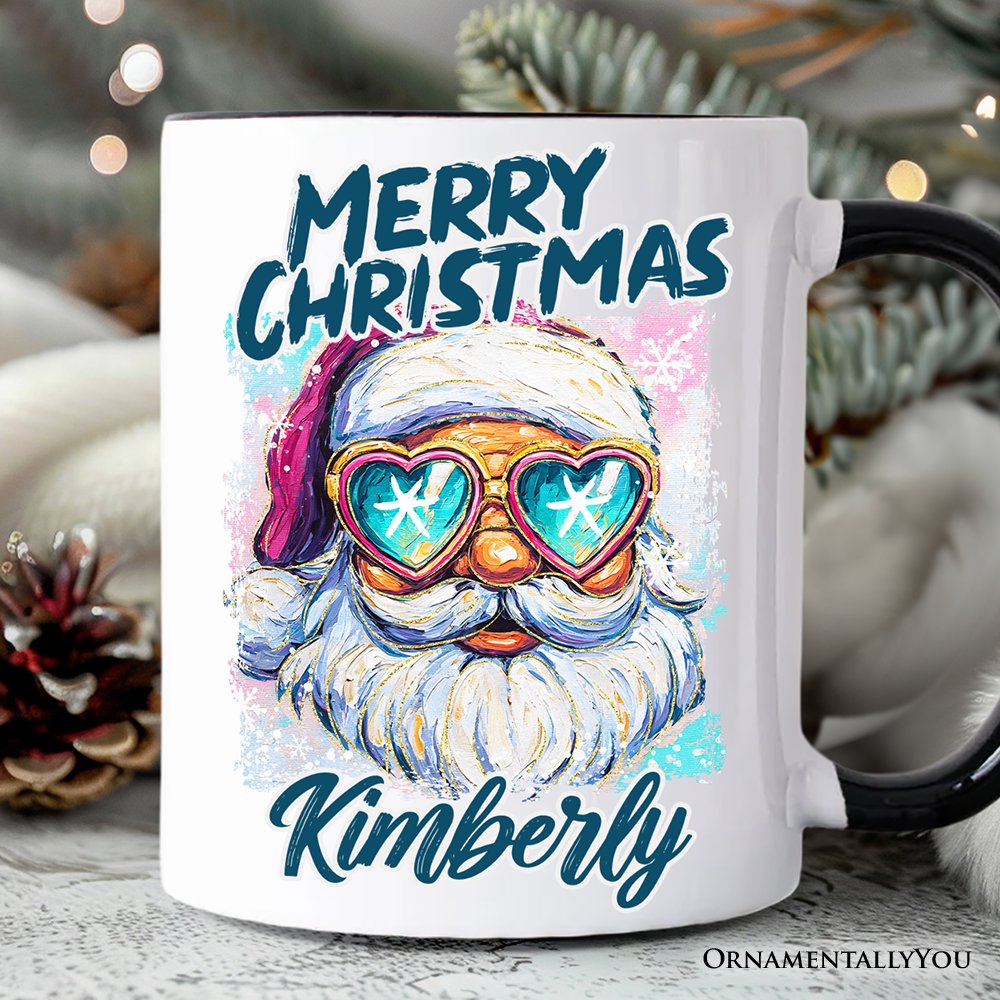 Merry Christmas Santa Sunglasses Christmas Personalized Mug, Funky Retro Holiday Gift with Custom Name Personalized Ceramic Mug OrnamentallyYou White - Black Customized 
