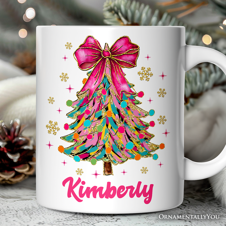 Colorful Glitter Christmas Tree Pink Bow Personalized Mug, Pink Bow Coquette Holiday Gift with Custom Name