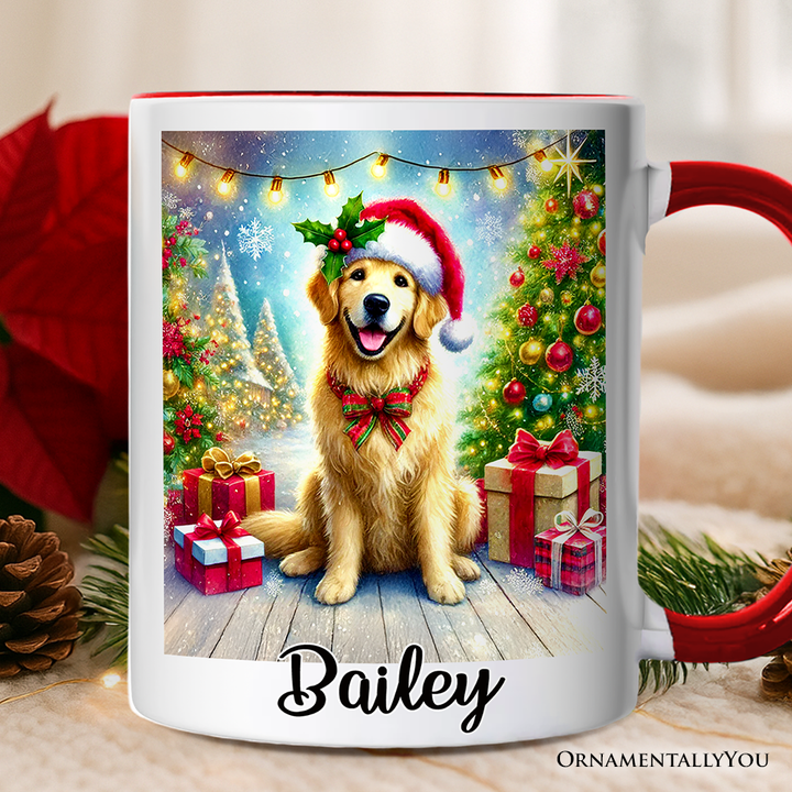 Majestic Golden Retriever with Santa Hat Personalized Mug, Delightful Christmas Gift with Custom Name