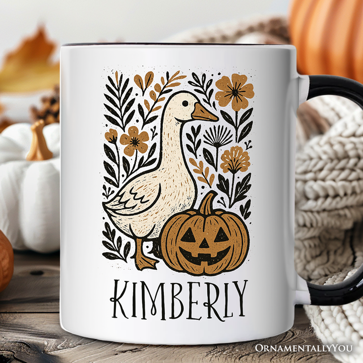 Boho Goose Halloween Pumpkin Personalized Mug, Spooky Fall Floral Gift with Custom Name