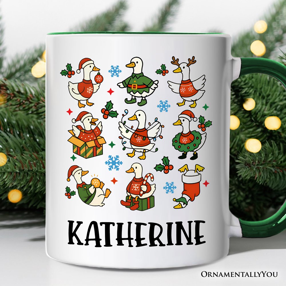 Just a Jolly Goose Christmas Personalized Mug, Holiday Geese Santa Festive Gift with Custom Name Personalized Ceramic Mug OrnamentallyYou White - Green Customized 