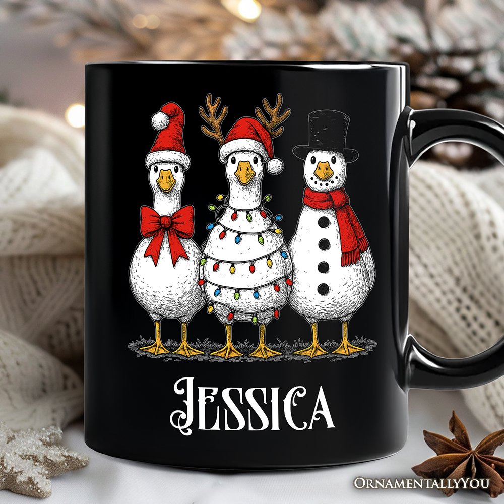 Vintage Christmas Silly Goose Personalized Mug, Snowman Spoof Winter Gift with Custom Name Personalized Ceramic Mug OrnamentallyYou Black Customized 