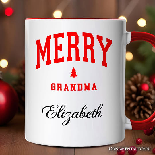 Merry Grandma Retro Christmas Personalized Mug, Matching Family Holiday Gift with Custom Name Personalized Ceramic Mug OrnamentallyYou White - Red Customized 