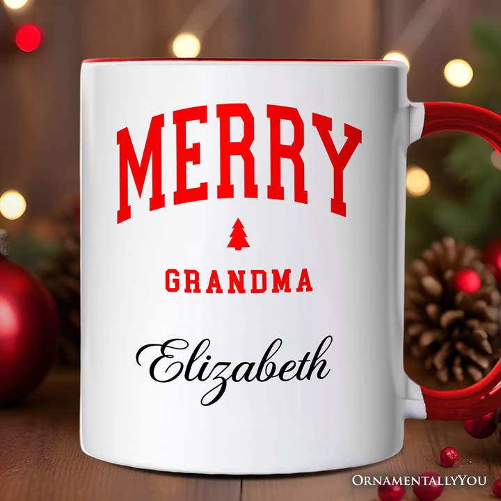 Merry Grandma Retro Christmas Personalized Mug, Matching Family Holiday Gift with Custom Name