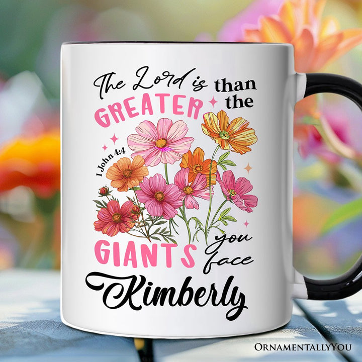 The Lord Is Greater Floral Christian Personalized Mug, Faith Bible Verse Inspirational Gift with Custom Name Personalized Ceramic Mug OrnamentallyYou Black Handle Customized 