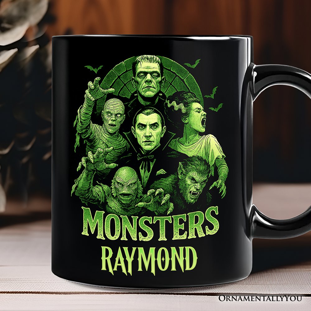 Green Retro Monsters Personalized Mug, Vintage Classic Horror Halloween Gift with Custom Name Personalized Ceramic Mug OrnamentallyYou Black Customized 