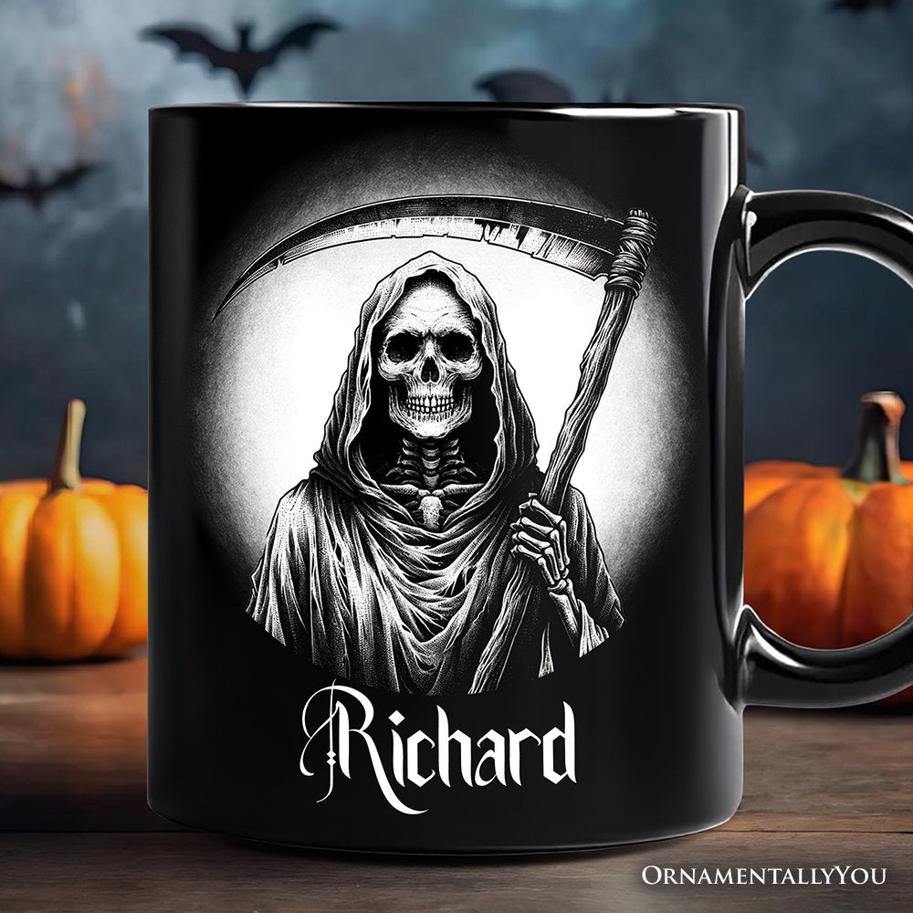 Grim Reaper Spooky Portrait Personalized Mug Horror Villain Theme Halloween Gift with Custom Name Personalized Ceramic Mug OrnamentallyYou Black Customized 