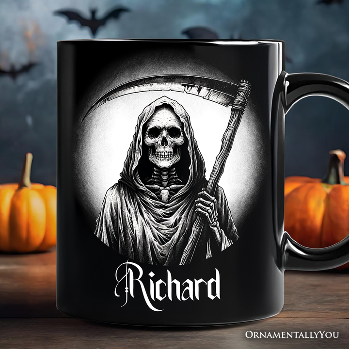 Grim Reaper Spooky Portrait Personalized Mug Horror Villain Theme Halloween Gift with Custom Name