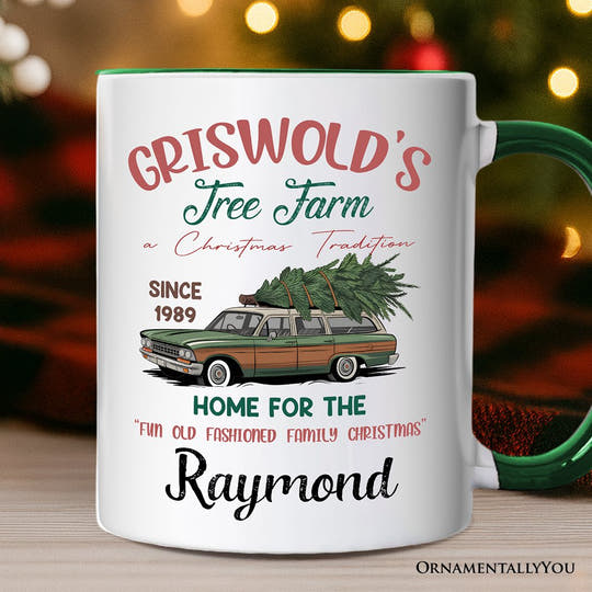 Griswold’s Tree Farm Personalized Mug, Retro Family Christmas Vacation Gift with Custom Name Personalized Ceramic Mug OrnamentallyYou White - Green Customized 