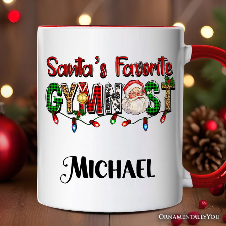 Santa’s Favorite Gymnast Personalized Mug, Plaid Christmas Athelete Gift with Custom Name Personalized Ceramic Mug OrnamentallyYou White - Red Customized 