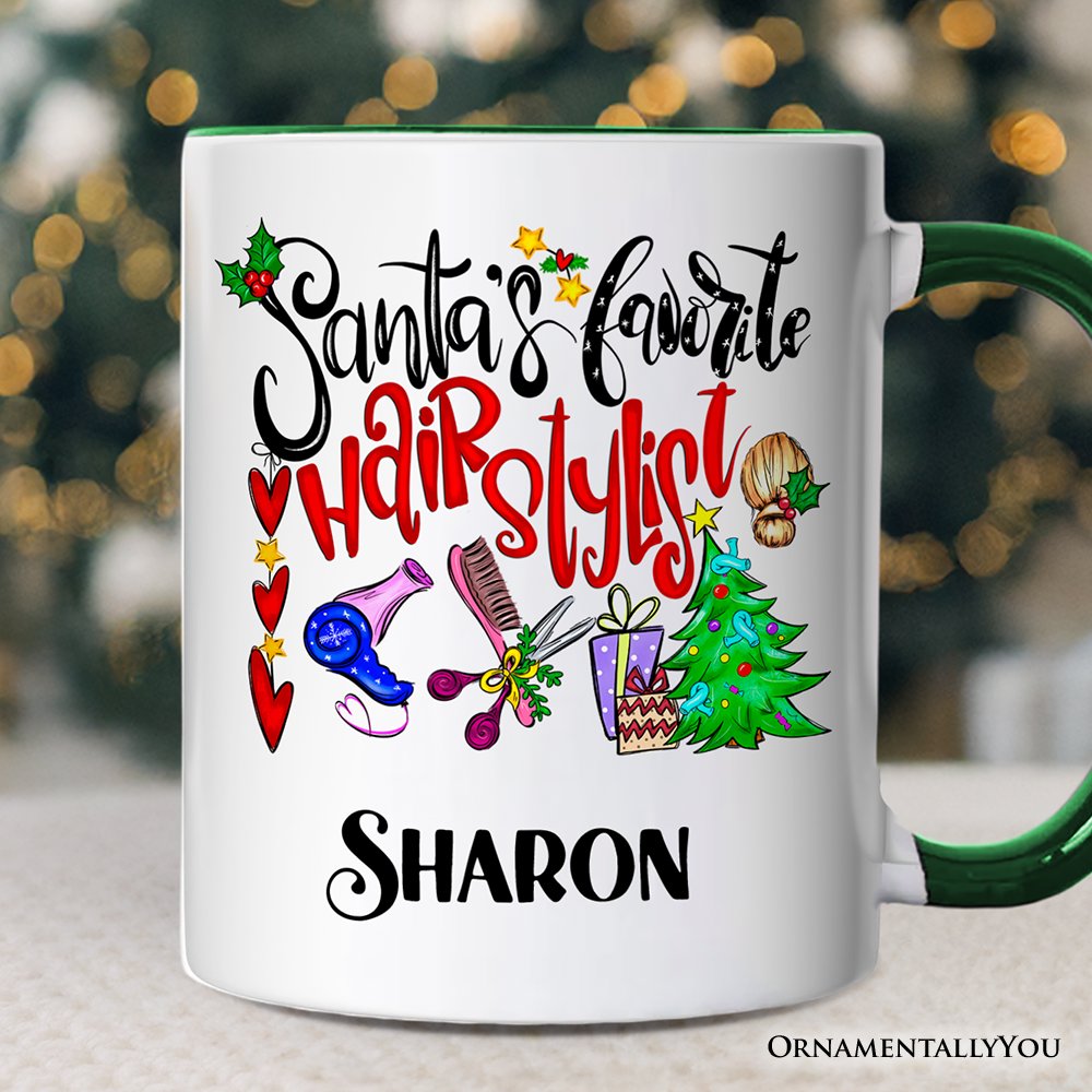 Santa’s Favorite Hairstylist Christmas Personalized Mug, Hairdresser Appreciation Gift with Custom Name Personalized Ceramic Mug OrnamentallyYou White - Green Customized 