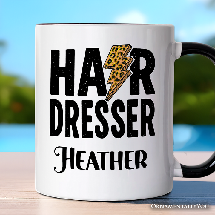Hairdresser Leopard Lightning Pesonalized Mug, Retro Stylist Gift with Custom Name
