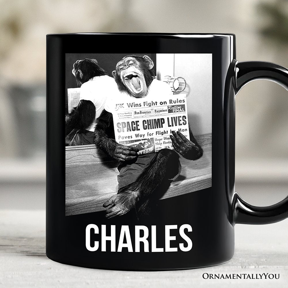 Ham The Space Chimp Personalized Mug, Historic NASA Monkey Retro Science Gift with Custom Name Personalized Ceramic Mug OrnamentallyYou White - Black Customized 