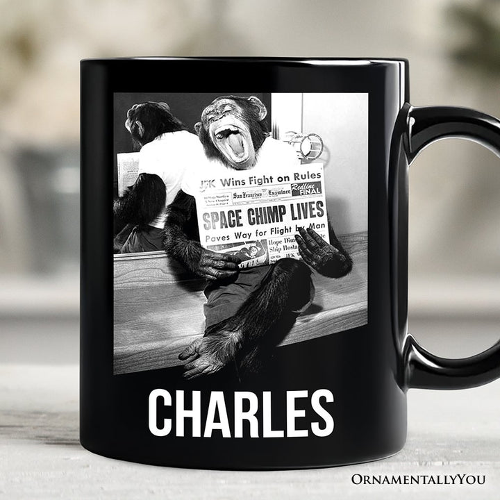 Ham The Space Chimp Personalized Mug, Historic NASA Monkey Retro Science Gift with Custom Name Personalized Ceramic Mug OrnamentallyYou White - Black Customized 