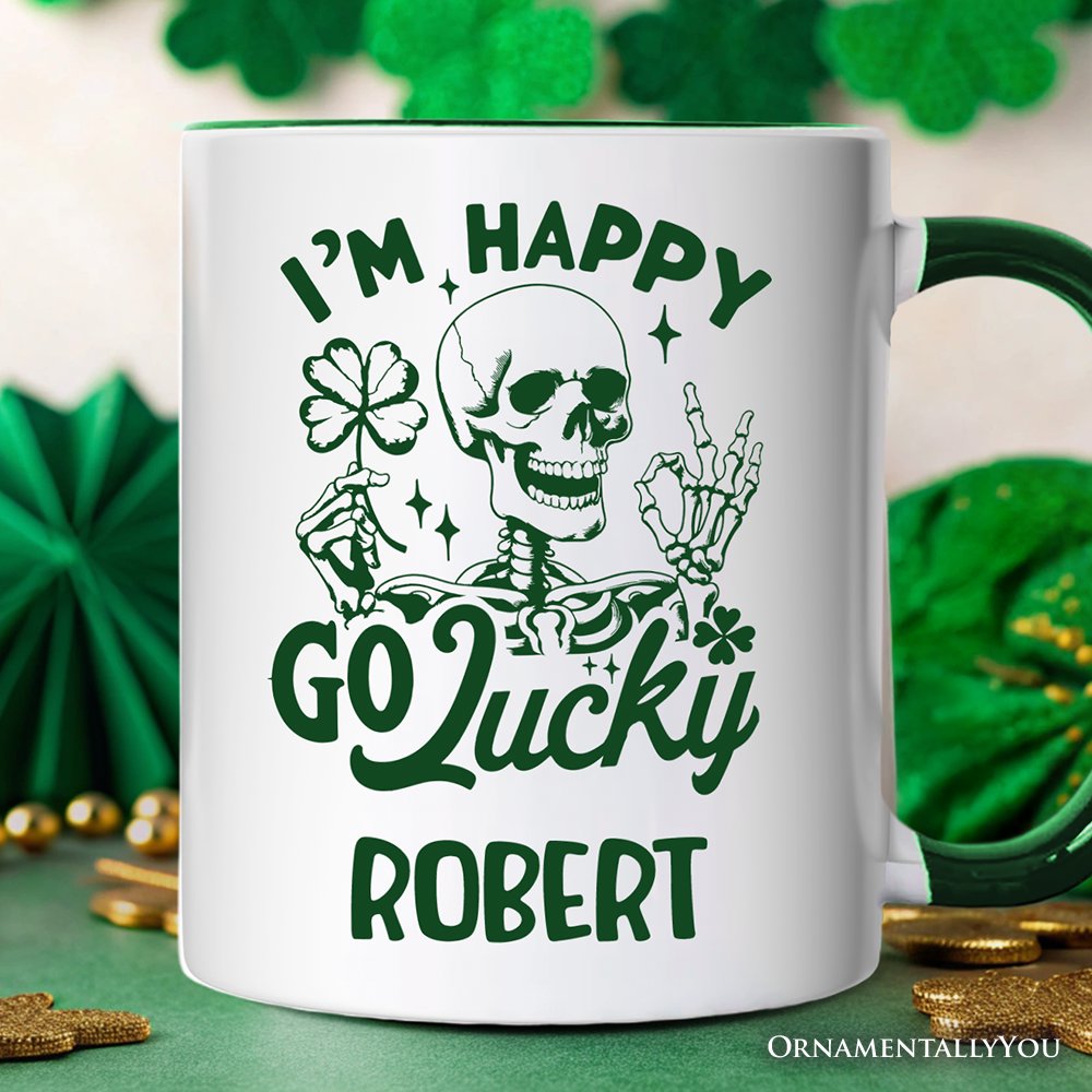 Happy Go Lucky Clover Skeleton St Patrick’s Day Personalized Mug, Green Shamrock Vintage Gift with Custom Name Personalized Ceramic Mug OrnamentallyYou White - Green Customized 