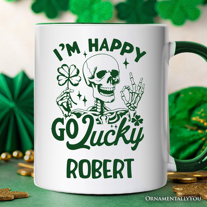 Happy Go Lucky Clover Skeleton St Patrick’s Day Personalized Mug, Green Shamrock Vintage Gift with Custom Name