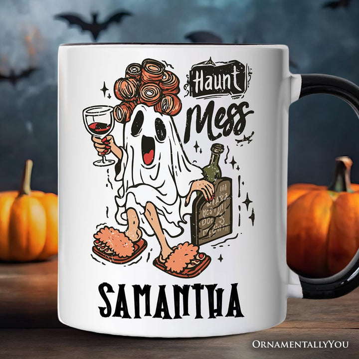 Haunt Mess Wine-Loving Ghost Personalized Mug, Funny Halloween Gift with Spooky Ghost and Custom Name Personalized Ceramic Mug OrnamentallyYou White - Black Customized 