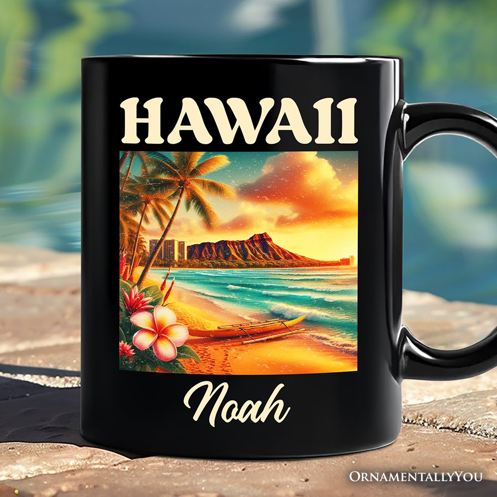 Tropical Hawaii Island State Personalized Mug, Vibrant Diamond Head Seaside Gift and Honolulu Souvenir with Custom Name Personalized Ceramic Mug OrnamentallyYou Black Customized 