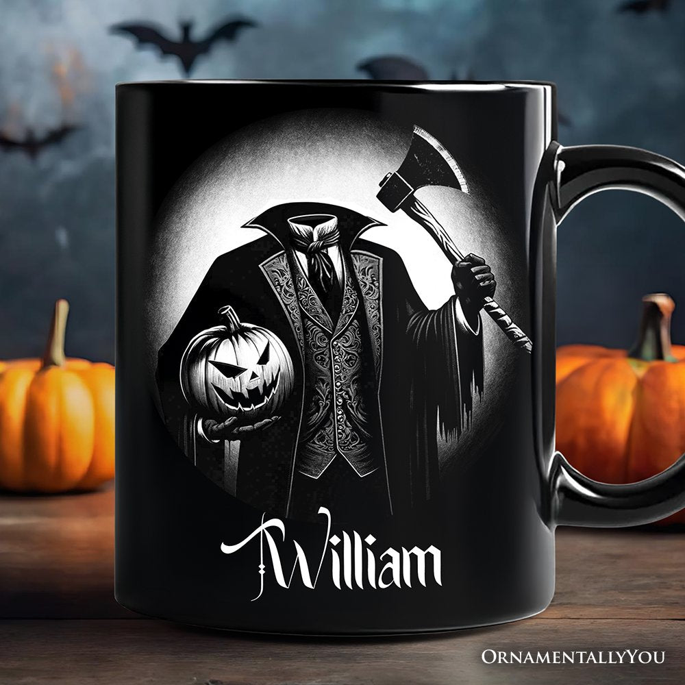 Headless Horseman Spooky Portrait Personalized Mug Horror Villain Theme Halloween Gift with Custom Name Personalized Ceramic Mug OrnamentallyYou Black Customized 